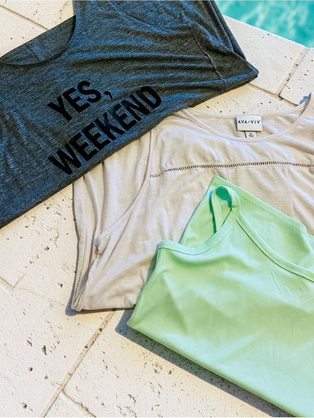 *FINAL SALE* “YES WEEKEND” Tank+Beige Shark Bite Tank+Mint Layering Tank TRIO 3X
